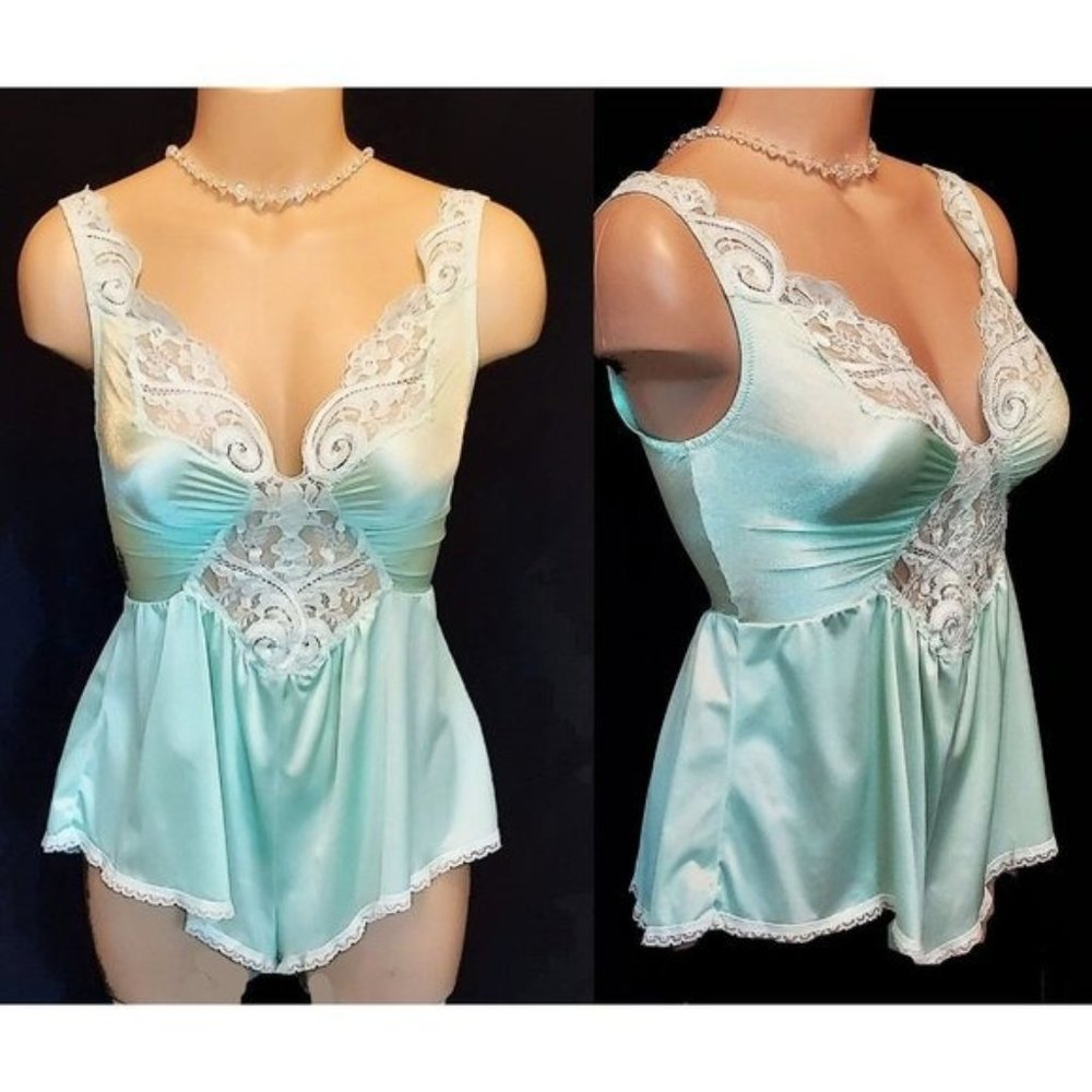 Vintage Rare Olga Romper Nightgown Spandex Lace Mint Julep L 90077